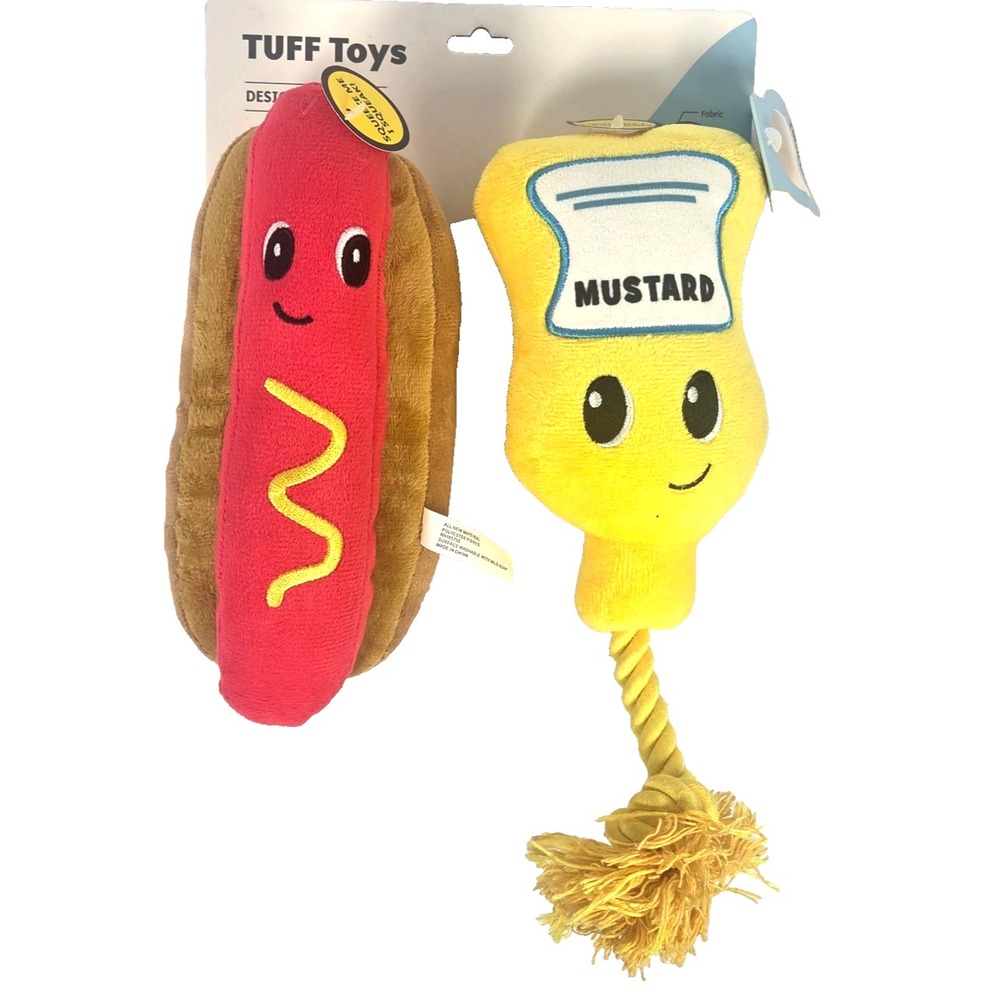 TUFF Toys Hot Dog Mustard Dog Toys 2 Piece Plush Squeaky Rope Toy Set New